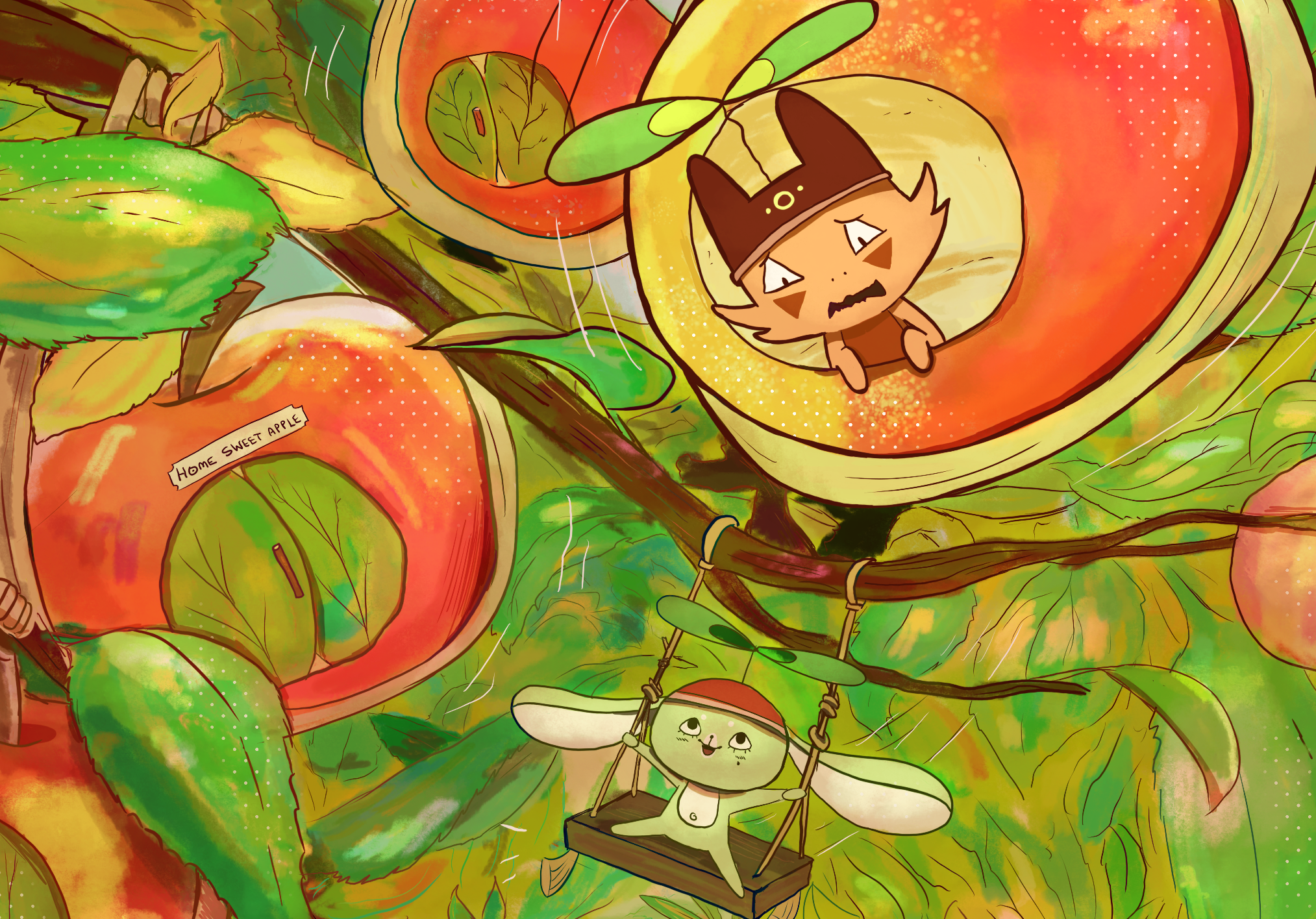 Colorful illustration of a character in a tree with fruit and leaves